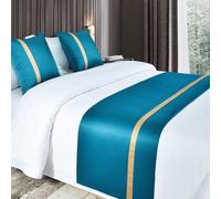 QRGMKL Chemins de lit Doux et Soyeux et Coussins Assortis Écharpe de lit de Couleur Unie Chemin de lit pour Pied de lit Couvre-lit de Couleur contrastée-Blue||240X50cm for 1.8m Bed