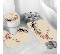 QRWOEAW Ensemble de Tapis de Bain 3 Pièces,Tapis de Salle de Bain Antidérapant et Lavable,Art, Élégance Fleurs de Cerisier Sakura Branches d'arbre Peinture à l'enc,avec Couvercle de WC pour Toilettes