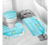 QRWOEAW Ensemble de Tapis de Bain 3 Pièces,Tapis de Salle de Bain Antidérapant et Lavable,Ville côtière, mer Méditerranée, décors à l'huile, côte Bleue aux Maisons,avec Couvercle de WC pour Toilettes