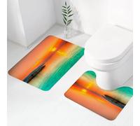 QRWOEAW Lot de 2 Tapis Salle de Bain,Tapis WC Contour et Tapis de Bain,Coucher de Soleil sur la Plage, Plage avec Palmiers et îles au Coucher du Soleil, Photos,Microfibre Tapis de Douche antidérapant