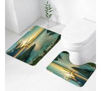 QRWOEAW Lot de 2 Tapis Salle de Bain,Tapis WC Contour et Tapis de Bain,Lever de Soleil sur Un lac, reflet du Chemin à la Surface de l'eau. Photo Libre de Droit,Microfibre Tapis de Douche antidérapant
