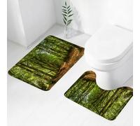 QRWOEAW Lot de 2 Tapis Salle de Bain,Tapis WC Contour et Tapis de Bain,Scène de forêt avec Arbres et Chemin, Feuillage, Troncs verdoyants, Photos panoramiques,Microfibre Tapis de Douche antidérapant