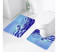 QRWOEAW Lot de 2 Tapis Salle de Bain,Tapis WC Contour et Tapis de Bain,Vagues, estampe Japonaise de Style Ukiyo-e représentant des Vagues,Microfibre Tapis de Douche antidérapant