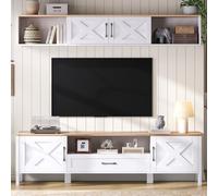 QSOST 180 x 40 x 50 cm TV Wall Unit Set, TV Stand + Wall-Mounted Display Cabinet, Media Wall Set, TV Living Room Furniture Set, TV Cabinet Set, Fits TVs up to 80" (White-9z)