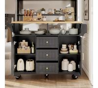 QSOST Kitchen Island, Cupboard, Sideboard 120 x 40 (80) x 95 cm, Pull-Out Kitchen Trolley with castors, Pull-Out on Both Sides, with Towel Rail and Spice Rack, Two Doors, Three Drawers, Black/White