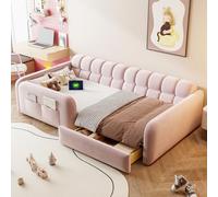 QSOST Lit Gigogne 90x200 cm avec Tiroir de Rangement, Tablette d'Appoint, Lumière Nocturne et Ports USB/USB-C, Literie Velours Rose pour Enfant Fille Garçon, Matelas Non Inclus