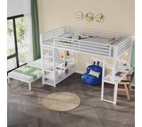 QSOST Lit Mezzanine Enfant 90x200 - Bureau, Rangement, Structure Métal et Bois Blanc, Prises USB-C, Certifié EN747 - Gain de Place pour Chambre Ado