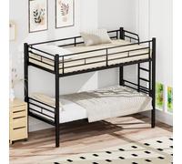QSOST Lit Superposé 90x200cm, Métal Noir - Transformable en 2 Lits Simples avec Barrière de Sécurité, Échelle Antidérapante, Cadre Solide pour Enfants & Adultes - Aucun Sommier Requis
