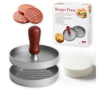 QTORCHE Presse à Burger avec 100 Feuilles Papier Sulfurisé, Moule Hamburger Aluminium Antiadhésif, Poignée Bois d’Acajou, Épaisseur Réglable, Idéal Steak Haché BBQ