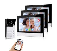 QttyElok Système d'interphone vidéo HD WiFi 1080p avec moniteurs couleur de 17,8 cm pour 3 appartements/familles, prise en charge de l'application Tuya, vision nocturne infrarouge, enregistrement