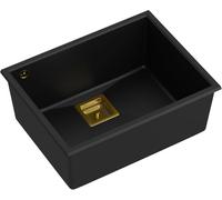 QUADRON Evier cuisine 1 bac | Taille 55 x 42 x 22,5 cm, Couleur: Carbone Pur + Pvd Doré | DAVID 50 Granit Evier simple de cuisine | Evier en granit | avec siphon manuel et égouttoir