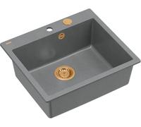 QUADRON évier cuisine Gris + Cuivre Pvd | Taille 57 x 50 x 22 cm | granit évier MORGAN 110 à encastrer avec trou de robinet | évier monocuve évier de cuisine unique | évier monocuve