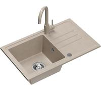 QUADRON Evier de Cuisine en Granit | Dimensions : 70 x 44 x 17,5 cm, Couleur : Beige | BEN 111 Evier de Cuisine Monocuve Set : Evier en Granit + Robinetterie de Cuisine flexible + Siphon manuel