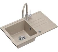QUADRON Evier de Cuisine en Granit | Dimensions : 70 x 44 x 17,5 cm, Couleur : Beige | BEN 111 Monocuve Set : Evier en Granit + robinetterie de Cuisine flexible beige/acier + siphon manuel