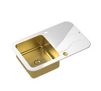 QUADRON Evier de cuisine en verre trempé GLEN 211 | Dimensions : 78 x 50 x 19 cm | Couleur : Pvd-Golden | GLEN 211 | Evier encastrable avec trou pour robinetterie - Evier de cuisine simple en acier