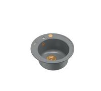 QUADRON Évier de cuisine, rond, en granit, gris et cuivre, diamètre : 51 cm, en granit, avec trou de robinet, à encastrer, simple bac