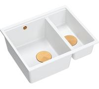 QUADRON Evier double bassin Evier de cuisine | Dimensions 55,5 x 46 x 22 cm, Blanc + Cuivre Pvd (Bac Encastré) | LOGAN 150 Granit Evier en granit | Sous-élément d'armoire à partir de 60 cm