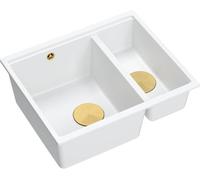 QUADRON Evier double bassin Evier de cuisine | Dimensions 55,5 x 46 x 22 cm, Blanc + Or Pvd (Evier Encastrable) | LOGAN 150 Granit Evier en granit | Sous-élément d'armoire à partir de 60 cm