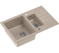 QUADRON Evier double bassin Evier de cuisine | Taille 78 x 50 x 20 cm, Beige & Acier | PETER 156 Granit Evier en granit | Evier double bassin Cuisine | Élément bas à partir de : 60 cm