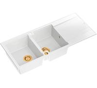 QUADRON Evier double blanc, EVAN 121 GraniteQ, Evier de cuisine, 2 bacs en granit en 1160 x 500 x 210 mm, Evier ouvert Push 2 avec siphon avec égouttoir, éléments en cuivre PVD