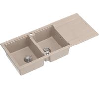 QUADRON Evier double Evier Beige, EVAN 121 GraniteQ, 2 Bacs Evier de Cuisine en Granit en 1160 x 500 x 210 mm, Push 2 Evier ouvert avec siphon avec égouttoir, éléments en acier PVD