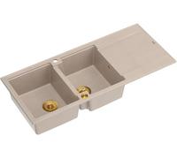 QUADRON Evier double Evier Beige, EVAN 121 GraniteQ, 2 Bacs Evier de Cuisine en Granit en 1160 x 500 x 210 mm, Push 2 Evier ouvert avec siphon avec égouttoir, éléments en PVD or