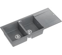 QUADRON Evier double gris, EVAN 121 GraniteQ, Evier de cuisine, 2 bacs en granit en 1160 x 500 x 210 mm, Evier ouvert Push 2 avec siphon avec égouttoir, surface en acier
