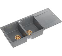 QUADRON Evier double gris, EVAN 121 GraniteQ, Evier de cuisine, 2 bacs en granit en 1160 x 500 x 210 mm, Evier ouvert Push 2 avec siphon avec égouttoir, éléments en cuivre PVD