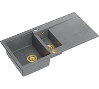 QUADRON Evier en granit | Taille 50 x 100 x 21/16 cm, Couleur: Gris + Doré Pvd | EVAN 156 Evier de cuisine double Evier | Evier de cuisine double Evier avec égouttoir | avec trou pour robinet