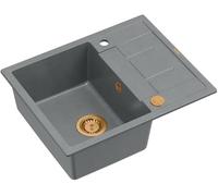 QUADRON Evier en granit | Taille 62 x 50 x 22 cm Couleur: Gris + Pvc Cuivré | MORGAN 116 Granit Evier de cuisine monocuve | Evier de cuisine avec égouttoir | Evier encastré avec trou pour robinet