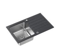 QUADRON Kenneth 111 Evier de cuisine, noir, dimensions : 78 x 48 cm, en acier inoxydable, avec chambre en acier, granit et acier inoxydable, avec siphon et bouchon à vis, égouttoir