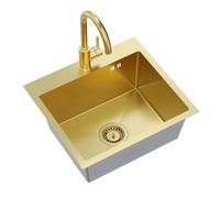 Quadron Luke 100 Évier en acier inoxydable 50 x 45 x 20 cm Siphon doré PVD | Ensemble d'évier encastrable et évier avec bonde, mitigeur d'évier, robinet et bec fixe pour la cuisine