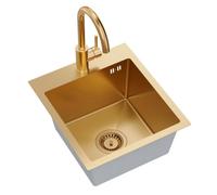 Quadron LUKE 90 Évier Inox 40x45x20 cm Siphon Mitigeur Fixe Cuivre PVD | Cuve de Cuisine & Bassin avec Vidage. Set Robinet avec Bec Haut Standard, Bonde & Trop-Plein pour Meuble Moderne