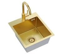 Quadron LUKE 90 Évier Inox 40x45x20 cm Siphon Mitigeur Fixe Or Doré PVD | Cuve de Cuisine & Bassin avec Vidage. Set Robinet avec Bec Haut Standard, Bonde & Trop-Plein pour Meuble Moderne
