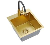 Quadron LUKE 90 Évier Inox 40x45x20 cm Siphon Mitigeur Flex Or Doré PVD | Cuve de Cuisine & Bassin avec Vidage. Set Robinet avec Douchette, Bec Orientable, Bonde & Trop-Plein pour Meuble