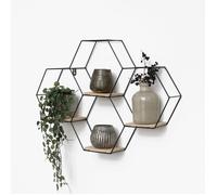 Quadruple étagère murale hexagonale en métal avec 4 tablettes en bois - 40,5x58 cm - Noir