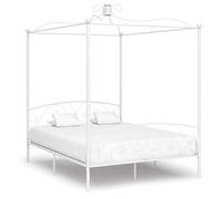 QUAHEAS Cadre de lit à baldaquin Blanc 160x200 cm en métal avec sommier à Lattes, Support Robuste, Espace de Rangement et Design élégant pour Chambre Adulte, Enfant ou Studio