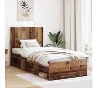 QUAHEAS Cadre de lit avec Rangement et tête de lit en Bois Ancien, Structure Plateforme avec Lattes, sommier intégré, Support Matelas 90x190 cm, Design Minimaliste pour Chambre Adulte ou Enfant