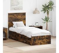 QUAHEAS Cadre de lit en Bois d'ingénierie chêne fumé avec tiroirs argentés 70 x 190 cm, sommier à Lattes, Rangement spacieux pour Chambre Adulte ou Enfant