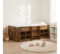 QUAHEAS Cadre de lit Mezzanine en Bois d'ingénierie chêne fumé avec sommier à Lattes intégrées et Armoire 3 pièces, Design pour Chambre Adulte ou Enfant, Rangement Pratique sous lit