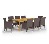QUAHEAS Ensemble à Manger de Jardin 9 pcs Bois d'acacia Massif Marron avec Coussins Blancs crème chaises en résine tressée Acier Enduit de Poudre pour terrasse Patio extérieur Repas détente