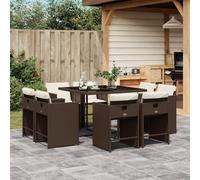 QUAHEAS Ensemble à Manger de Jardin 9 pcs Marron Poly rotin avec Coussins Blancs crème Housse Amovible Lavable Chaise Pliante encastrable résistant UV pour terrasse Patio extérieur Repas détente
