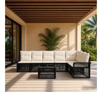 QUAHEAS Ensemble canapé Jardin 8 pcs Noir polyrotin résine tressée modulable extérieur terrasse Patio Balcon avec Coussins Polyester Housse Lavable Cadre Acier Enduit Design encastrable Pliant