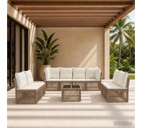 QUAHEAS Ensemble canapé Jardin 9 pcs Beige polyrotin avec Coussins modulables, Structure Acier résistant, Design encastrable pour terrasse Patio Balcon extérieur détente Repas Lounge