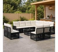 QUAHEAS Ensemble canapé Jardin modulable 12 pcs Noir Blanc crème avec Coussins Polyester résistant extérieur Patio terrasse Balcon Design encastrable et Pliant pour Repas détente Lounge Angle