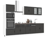 QUAHEAS Ensemble de 7 armoires de cuisine Kalmar noir en bois avec beaucoup d'espace de rangement, pieds réglables, autoportant, comprend une armoire haute, une armoire basse, une vitrine et un plan