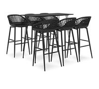 QUAHEAS Ensemble de bar 7 pièces noir avec plateau en MDF 120 x 60 x 105 cm, 6 tabourets de bar ergonomiques en polypropylène et métal, hauteur d'assise 74,5 cm, design moderne pour salle à manger