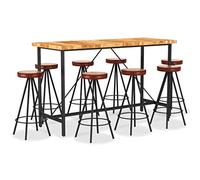QUAHEAS Ensemble de bar 9 pièces en bois massif d'acacia avec cuir véritable et toile, 180 x 70 x 107 cm, table de bar, 8 tabourets de bar, style industriel, ensemble de meubles pour salle à manger
