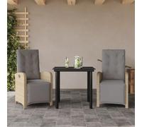 QUAHEAS Ensemble de Bistro 3 pièces résine tressée Beige avec Coussins Amovibles, 2 chaises inclinables 110 kg, Table Verre trempé Noir, idéal Jardin terrasse Balcon Repas détente extérieur Patio