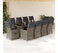 QUAHEAS Ensemble de Bistro de Jardin 11 pcs en rotin PE Gris avec Coussins modulables, fauteuils inclinables et Table en Verre trempé pour terrasse, Balcon, Patio, mobilier extérieur résistant
